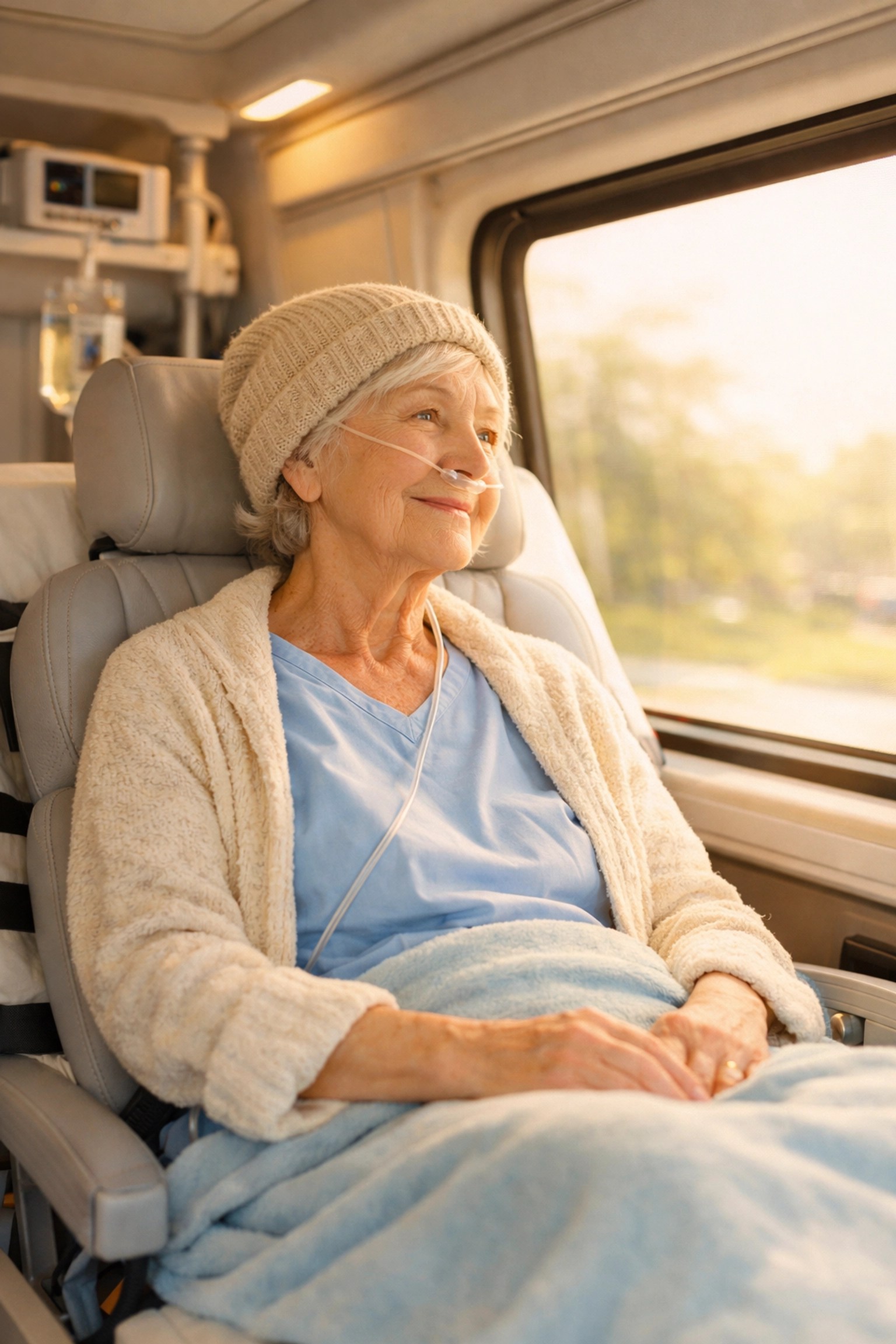 Elderly patient looking out the window during a comfortable and reliable medical transport ride.