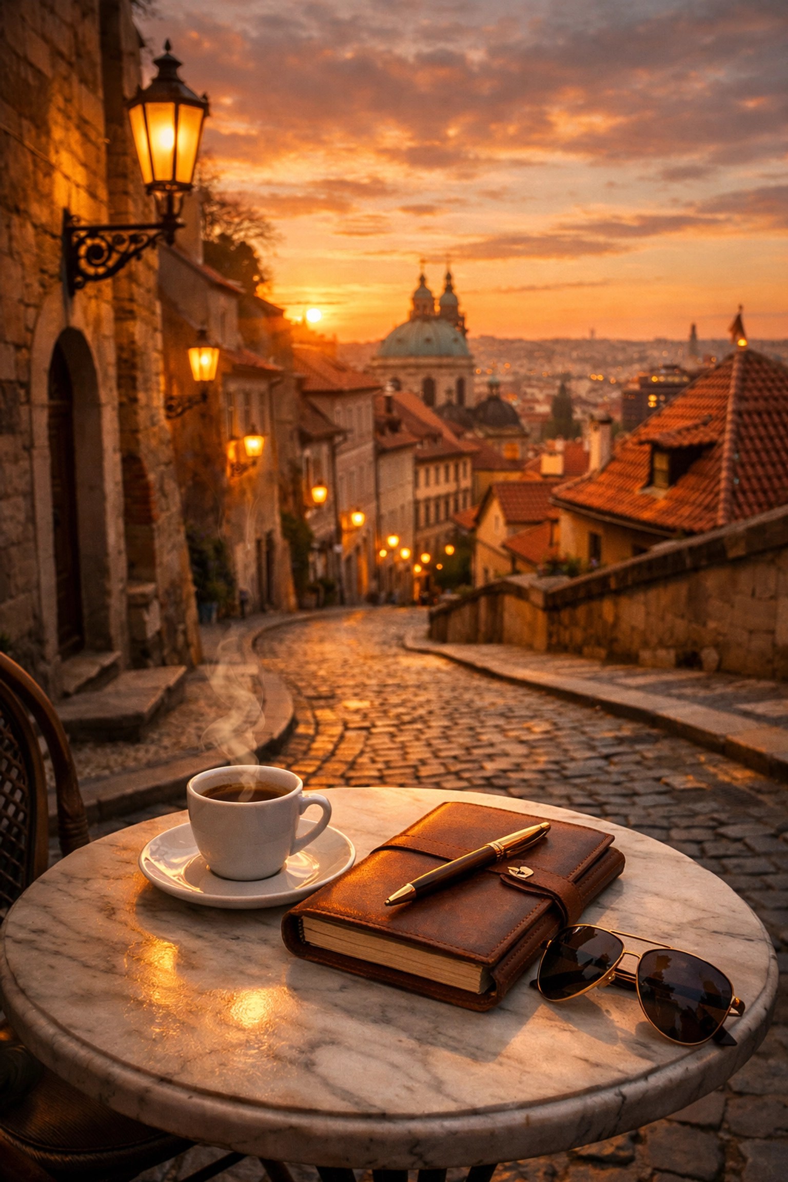 Golden hour on a European cobblestone street with a café table and travel journal for solo travelers.