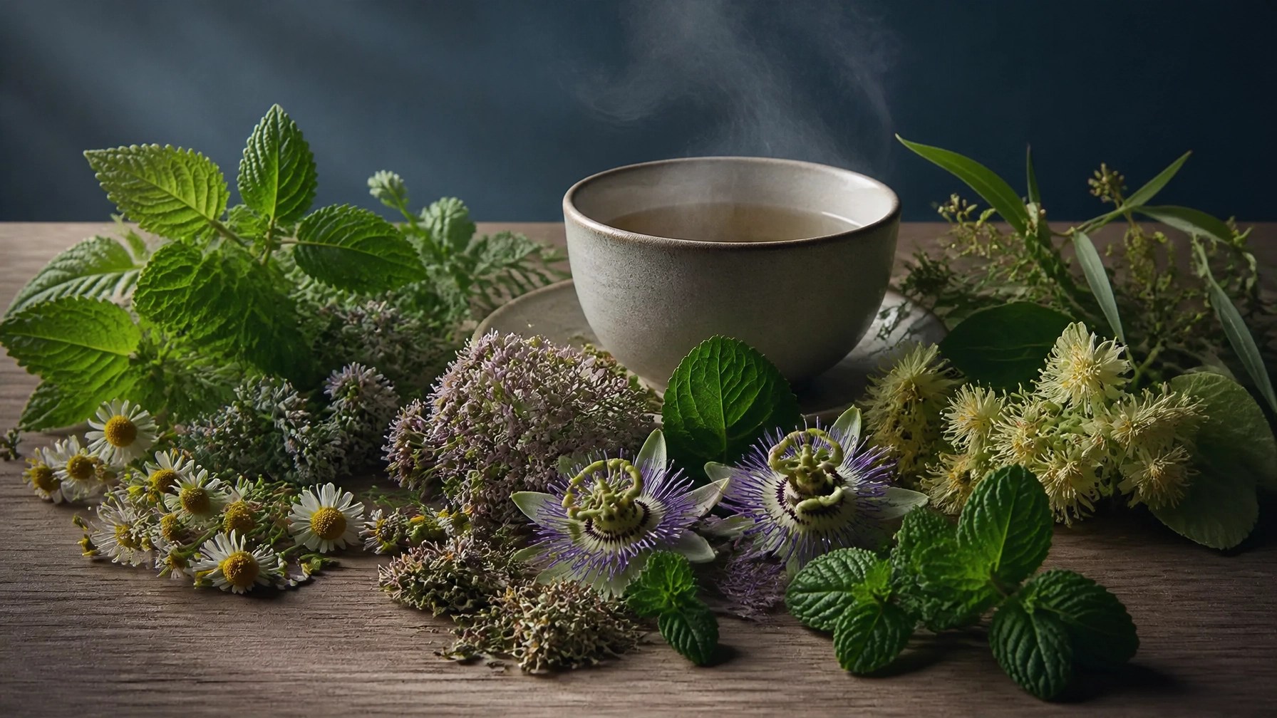 Plantas medicinales como toronjil, manzanilla, pasiflora, valeriana, tilo, cidrón y hierbabuena junto a una taza de infusión