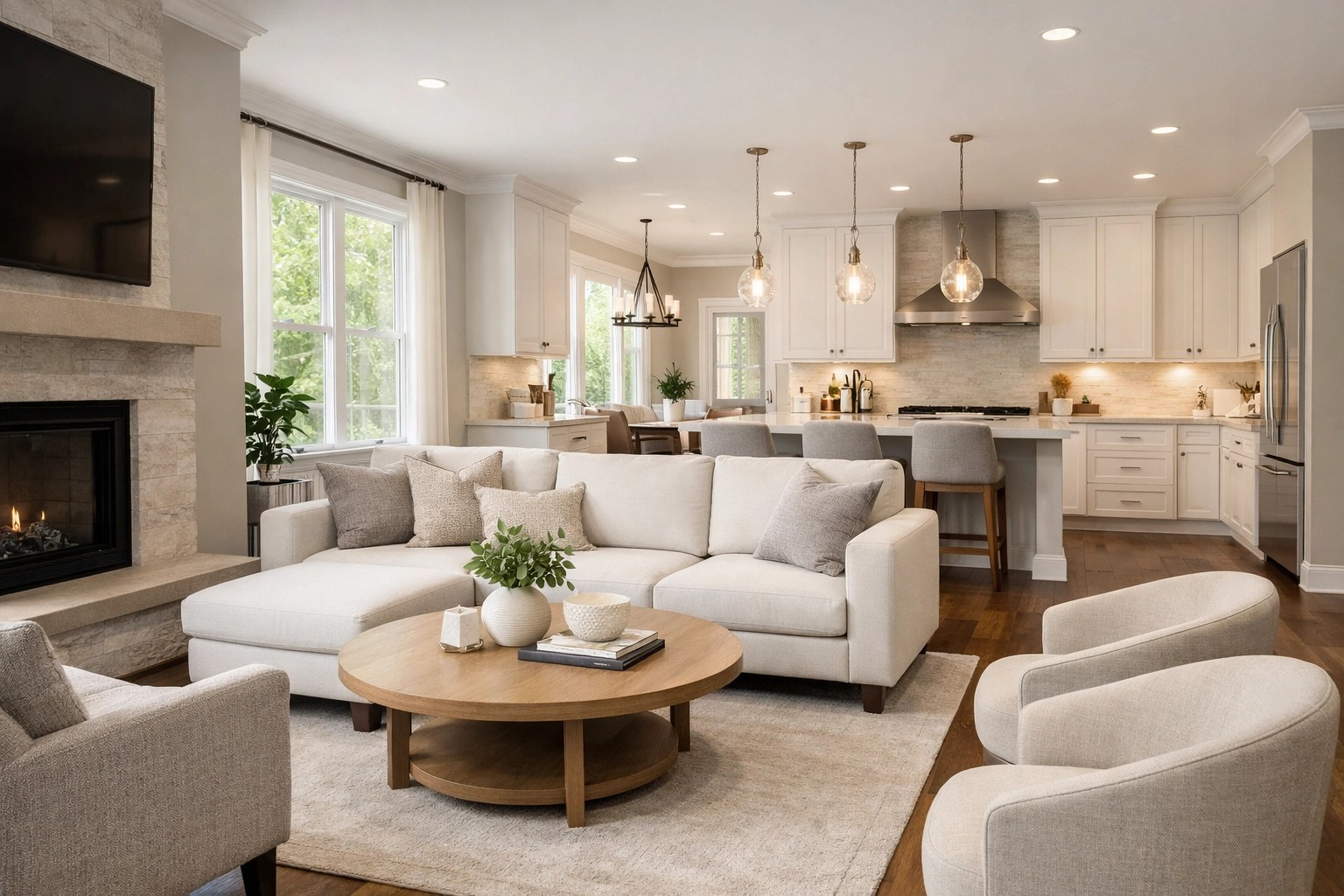 Modern open-concept kitchen and living area in a Miamisburg investment property.