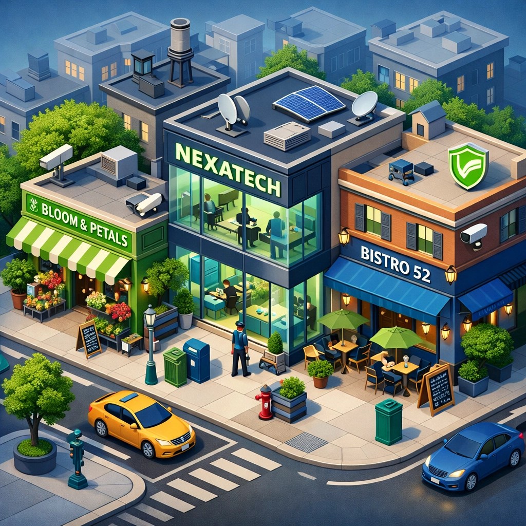 Vibrant New York City street showing small businesses that utilize group health insurance plans.