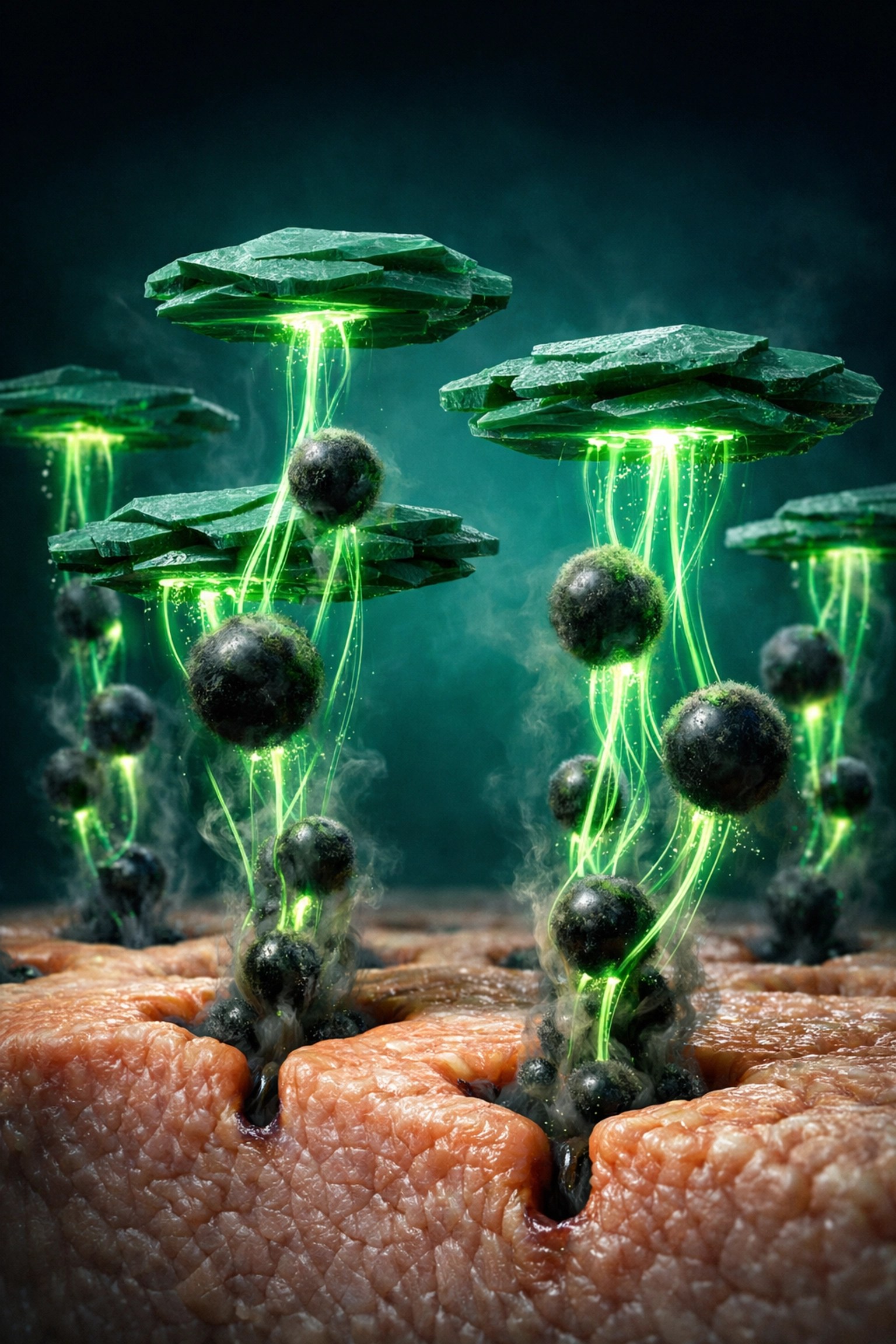 Scientific illustration of exfoliating green clay drawing toxins and impurities out of skin pores.