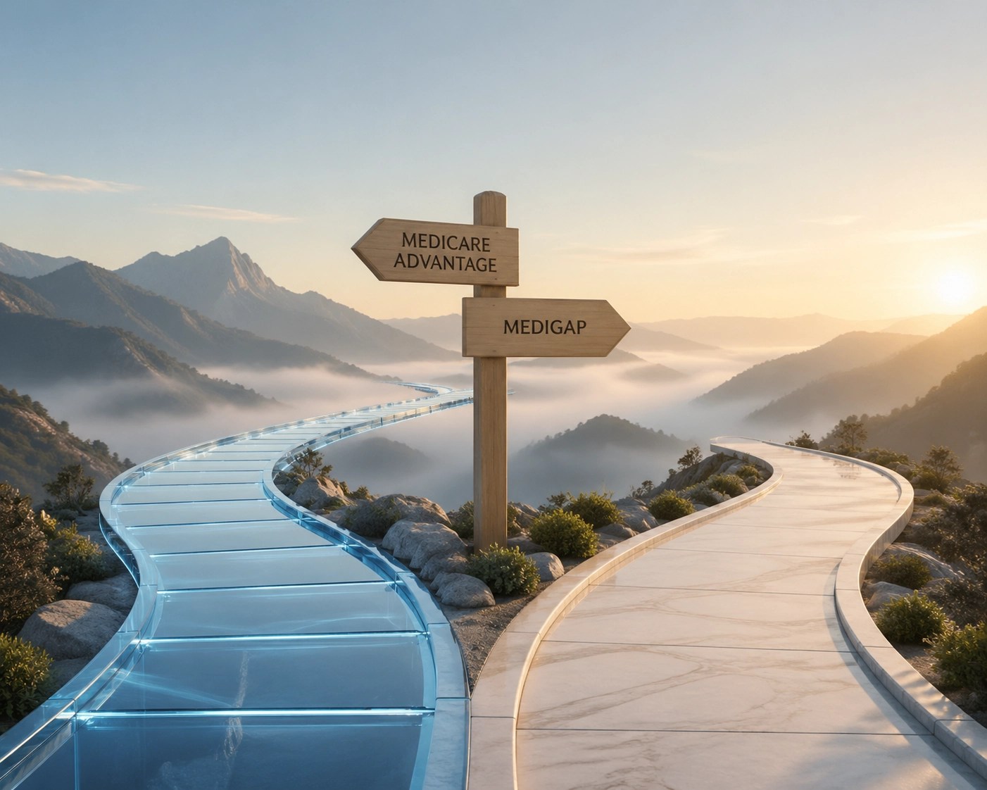 A visual representation of choosing between Medicare Advantage and Medigap paths for 2026 healthcare coverage.