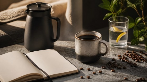 A simple coffee carafe, mug, lemon water, beans, and blank notebook arranged on a stone tabletop in sunrise light