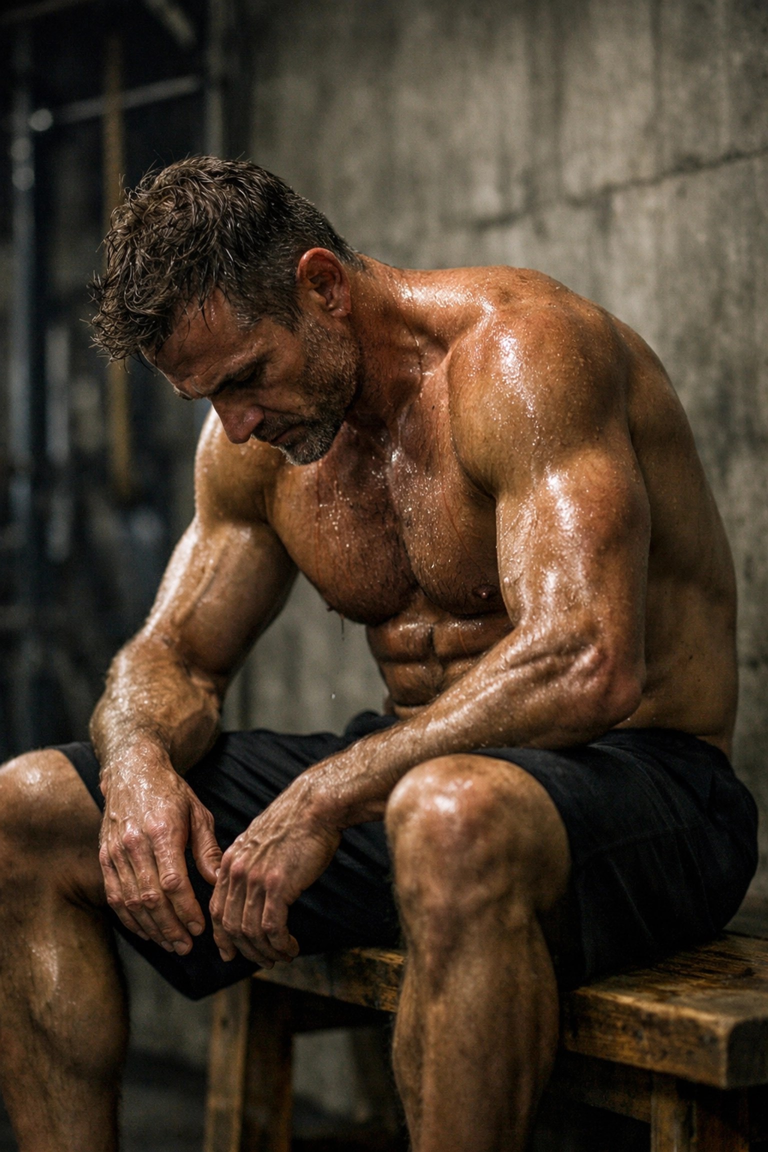 Fit athlete with defined six-pack abs resting after a workout, showing the grit of core training and sports recovery.