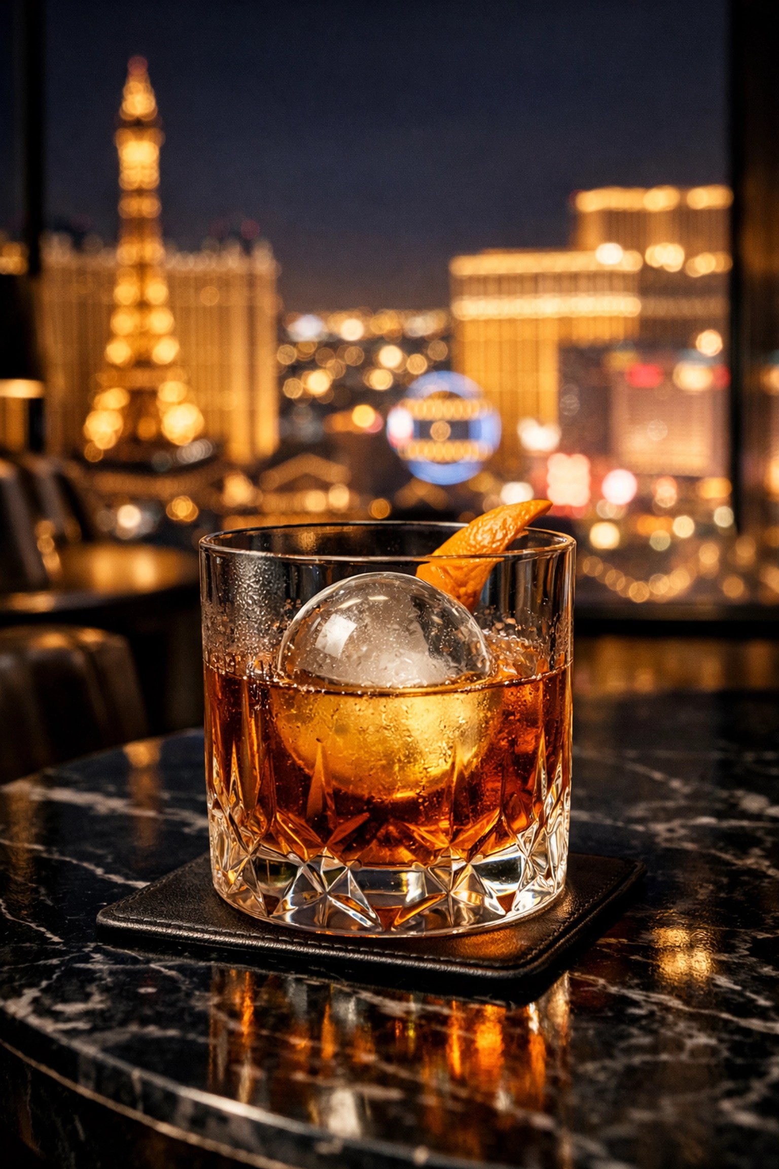 Close-up of a luxury cocktail in a crystal glass with the Las Vegas skyline at night.