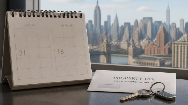 Property tax envelope, apartment key, and calendar beside a softly blurred Manhattan skyline