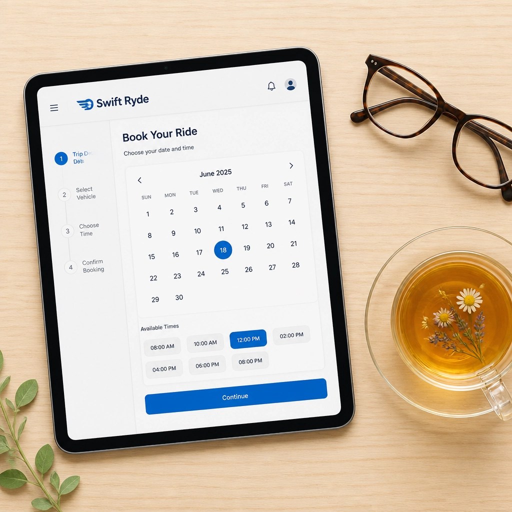A flat lay of a tablet showing a clean booking calendar with a pair of glasses and tea