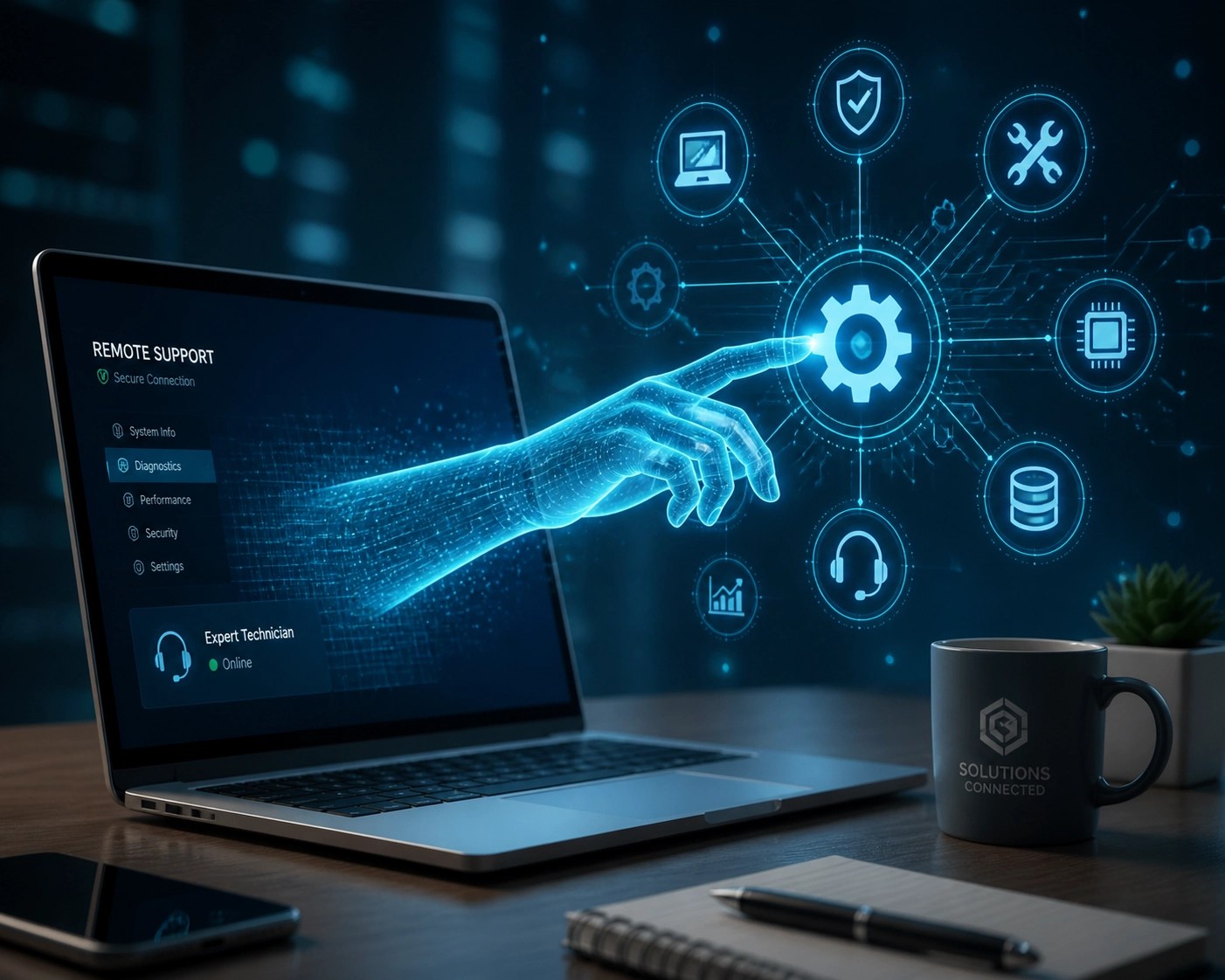 Digital concept of remote IT support showing expert technical repair through a laptop screen.