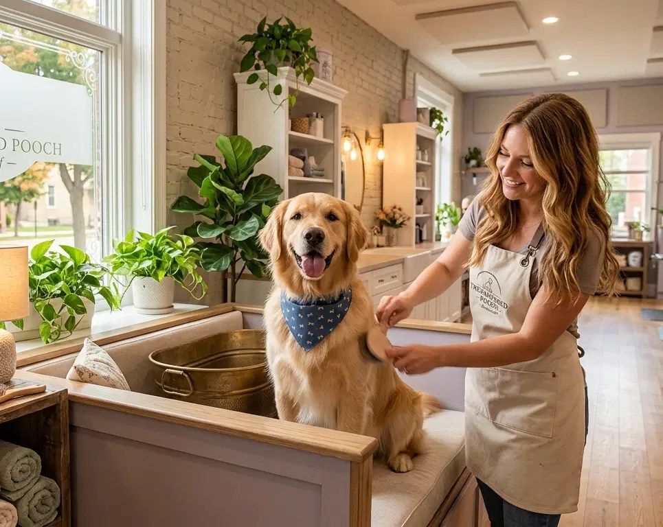 A professional groomer cheerfully brushes a golden retriever in a bright, modern pet grooming salon, showcasing the essential style and hygiene roles.