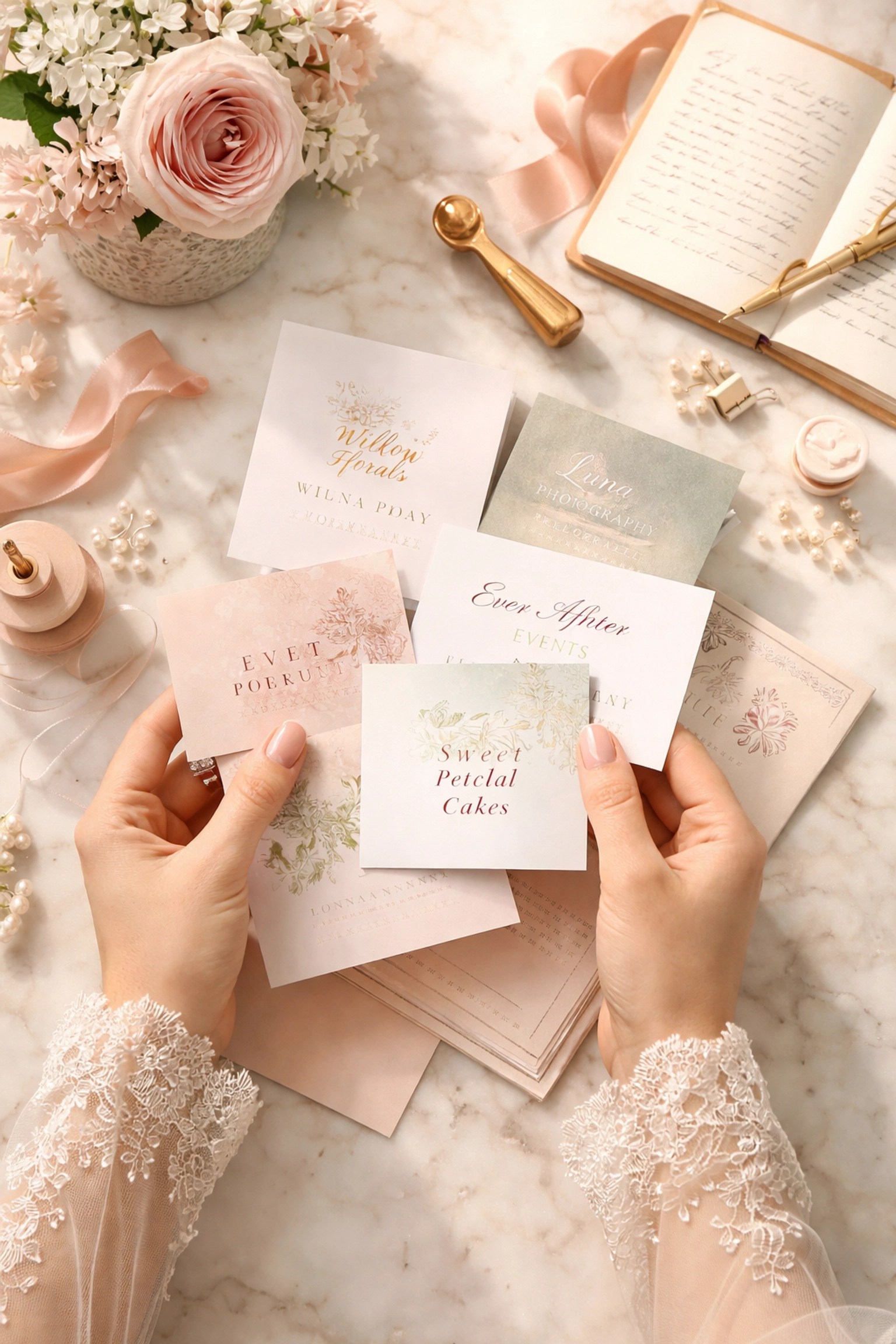 Comparing wedding supplier business cards and brochures after a North West wedding fayre