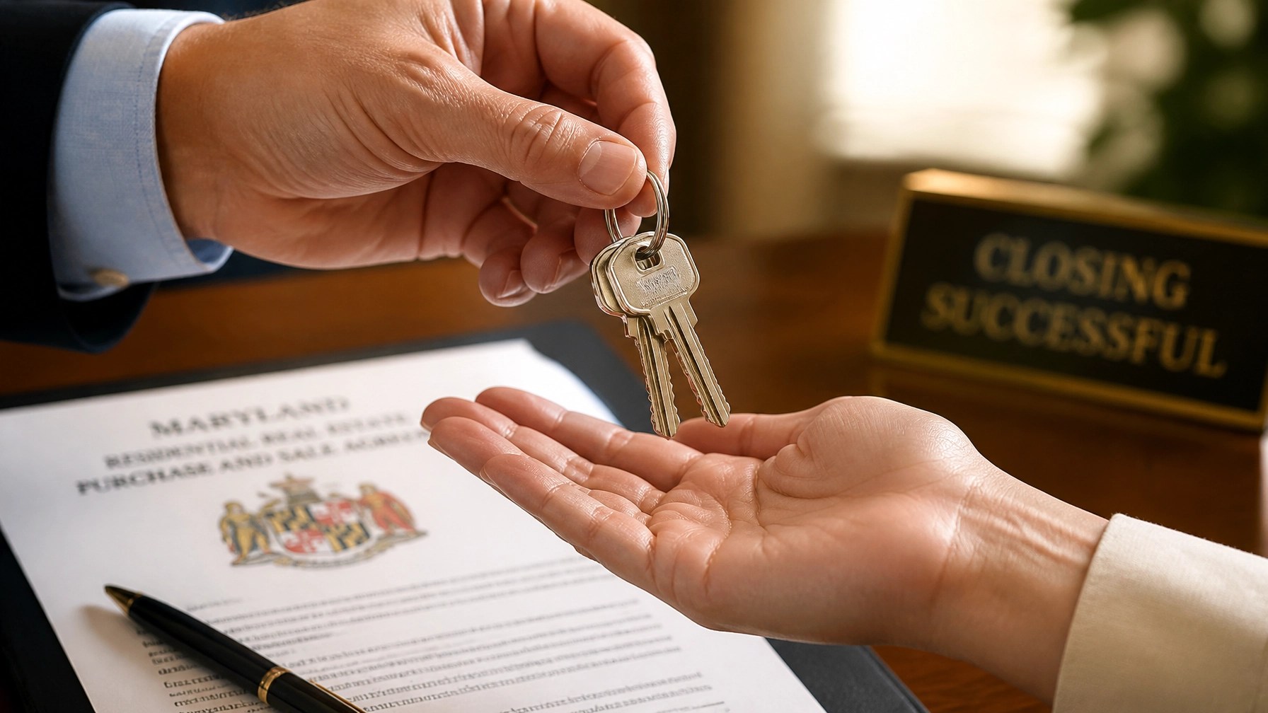A close-up of house keys being handed over a wooden table