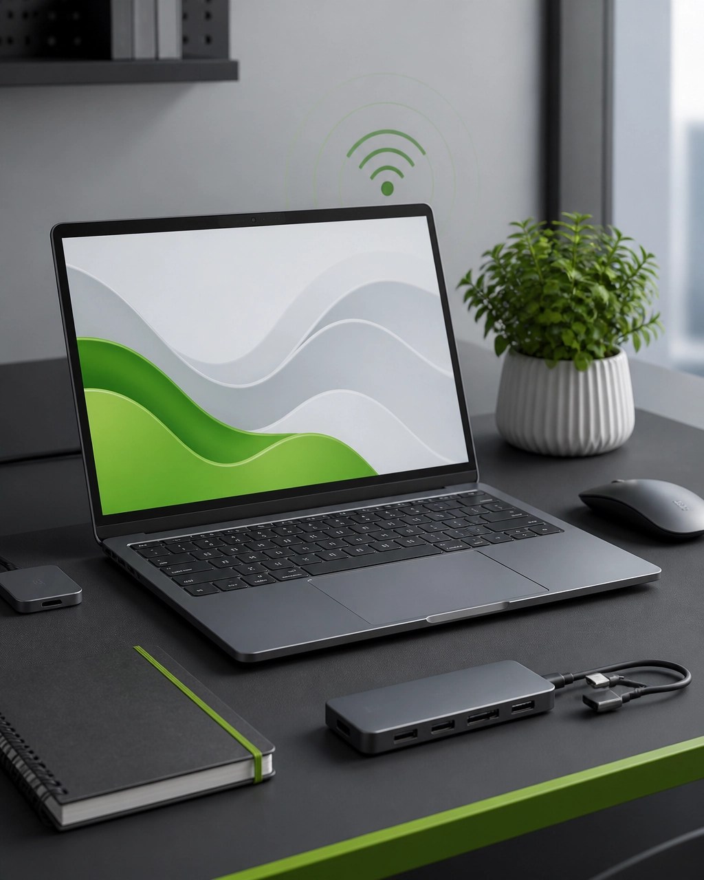 Sleek productivity laptop with USB-C accessories in a modern home office