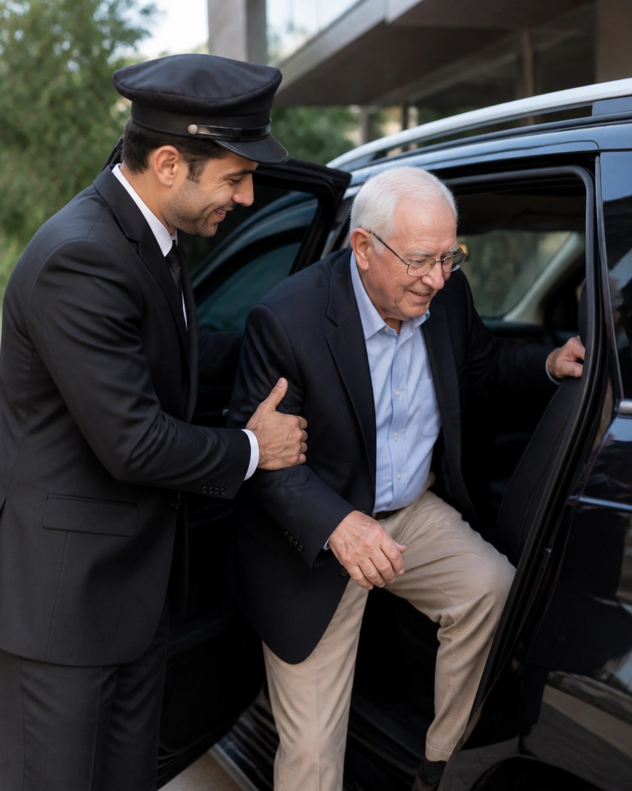 A professional driver assisting an elderly patient into a clean, modern medical transport vehicle
