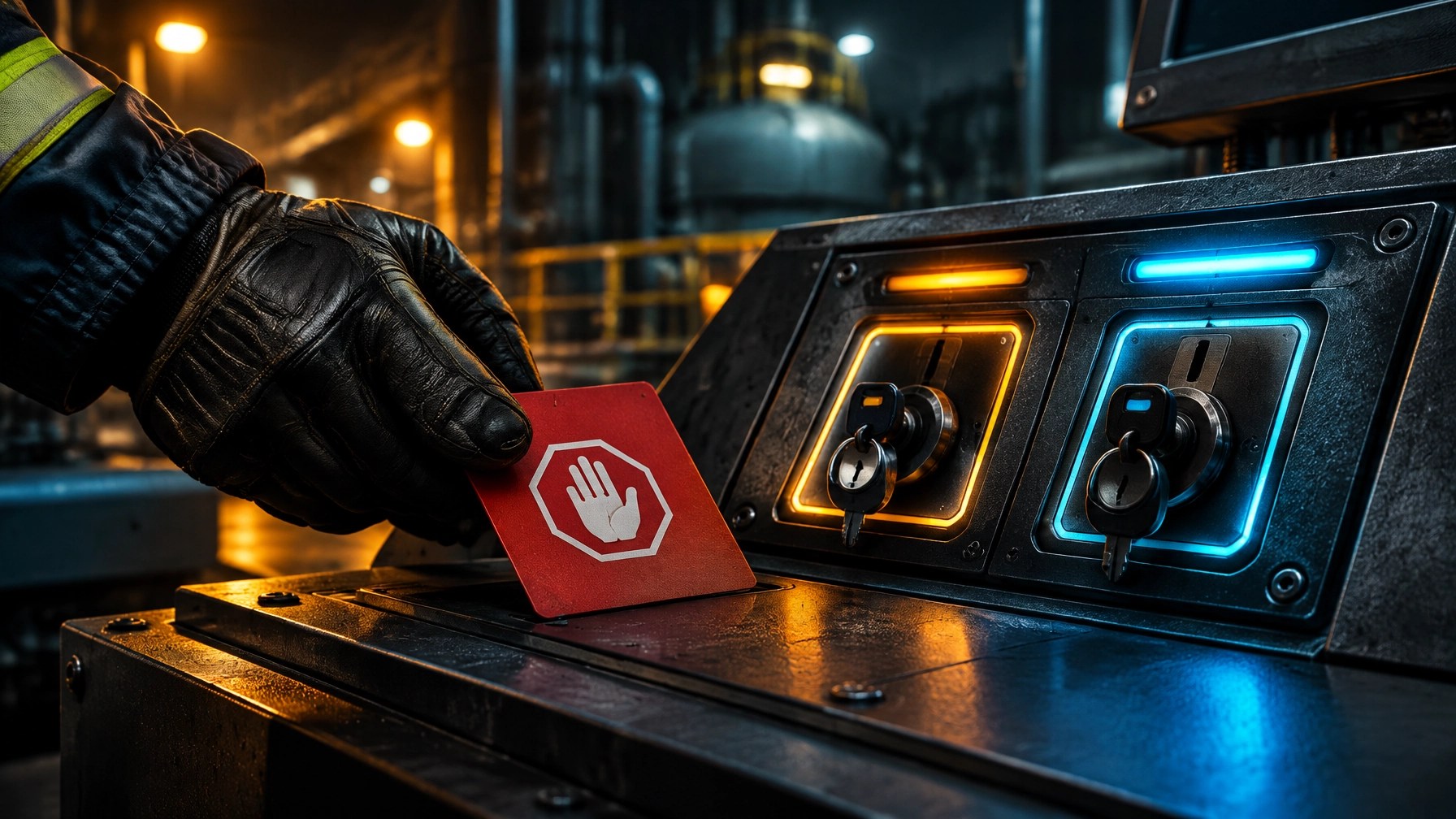 A gloved hand placing a physical stop-work veto card beside a dual-key authorization panel before a high-risk task