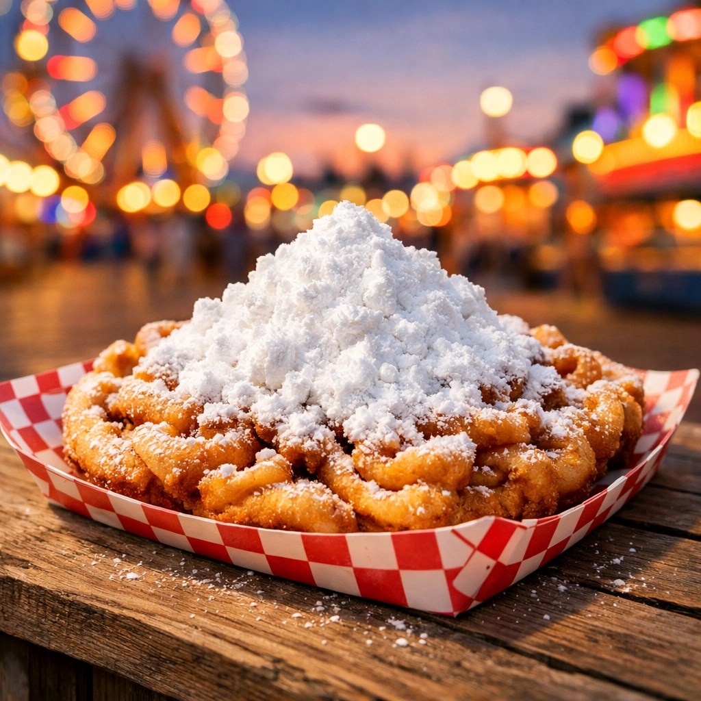 Fresh golden-brown funnel cake with powdered sugar on a Coney Island boardwalk table.