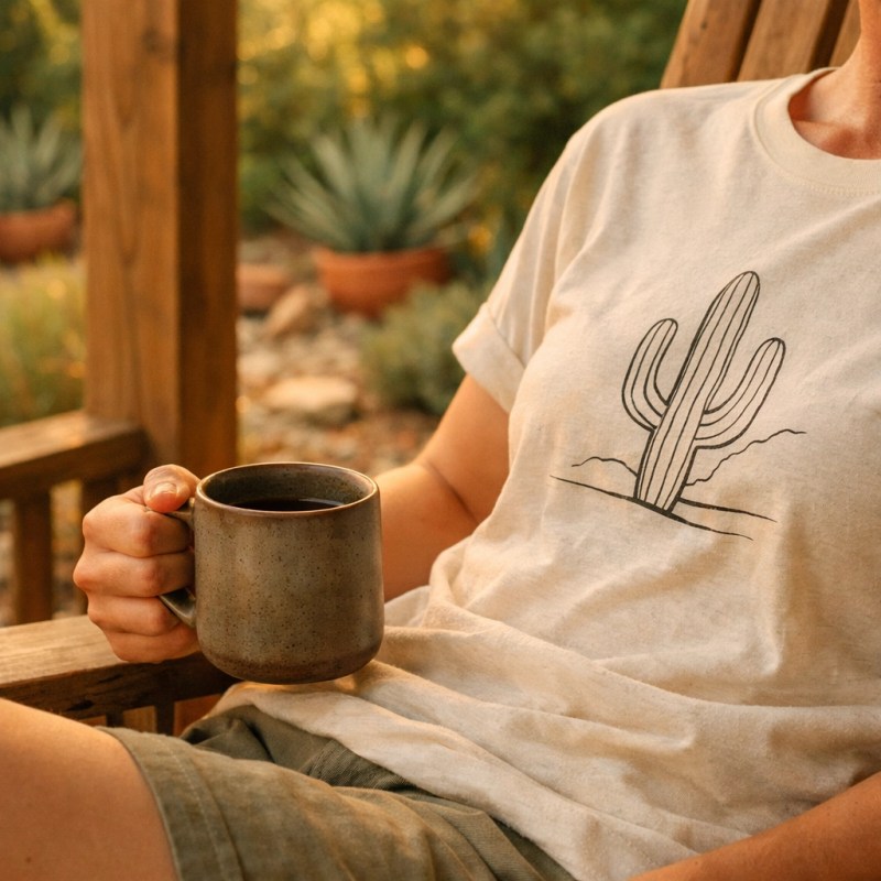 Guest wearing branded merch at an Austin rental property, highlighting extra host revenue.