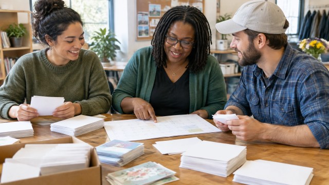A nonprofit development director and volunteers sort thank-you cards and review an event calendar together.