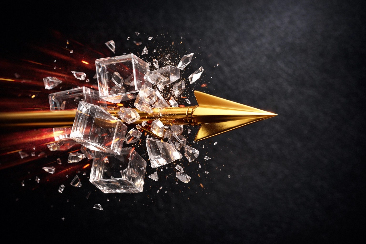 A golden arrow shattering glass data cubes, symbolizing decision dominance and strategic executive precision.