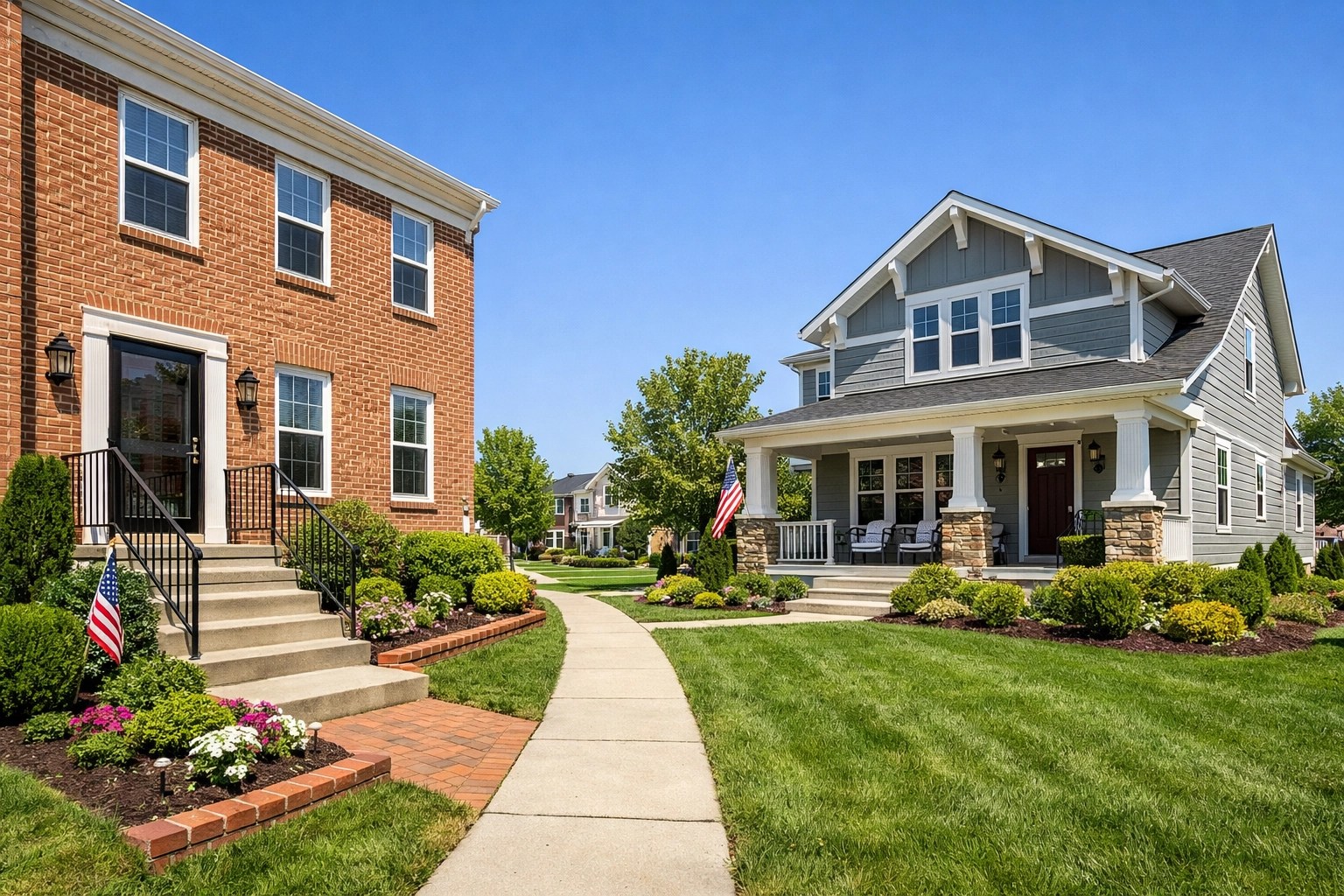 Residential street showing diverse housing styles and homes for sale in Middle River, MD.