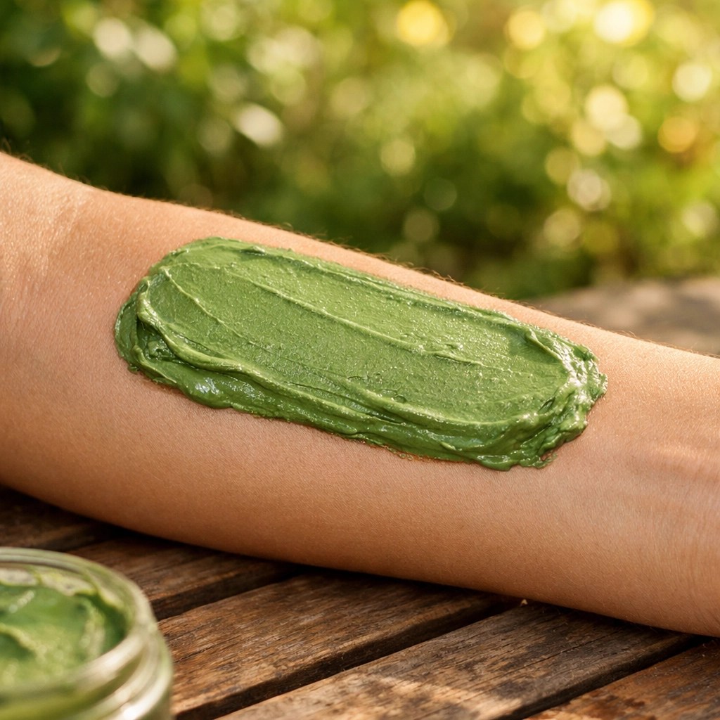 Natural green clay paste applied to the skin as a soothing DIY remedy for stings and bites.