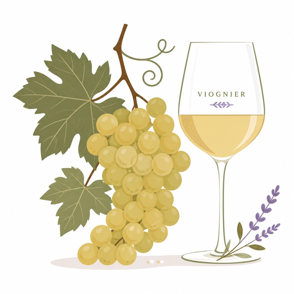 Minimalist illustration of Viognier grapes and a glass of white wine.
