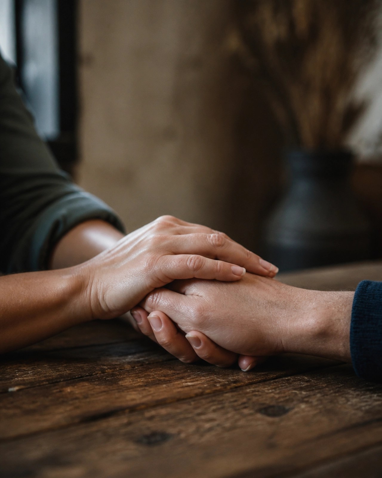 Two pairs of hands resting on a rustic wooden table in a gesture of support
