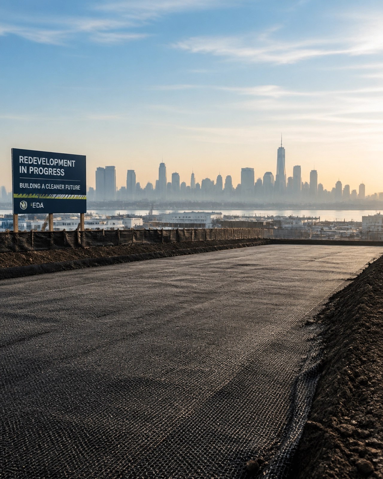 A perfectly graded redevelopment site in New Jersey, cleared of contamination and ready for foundation work.