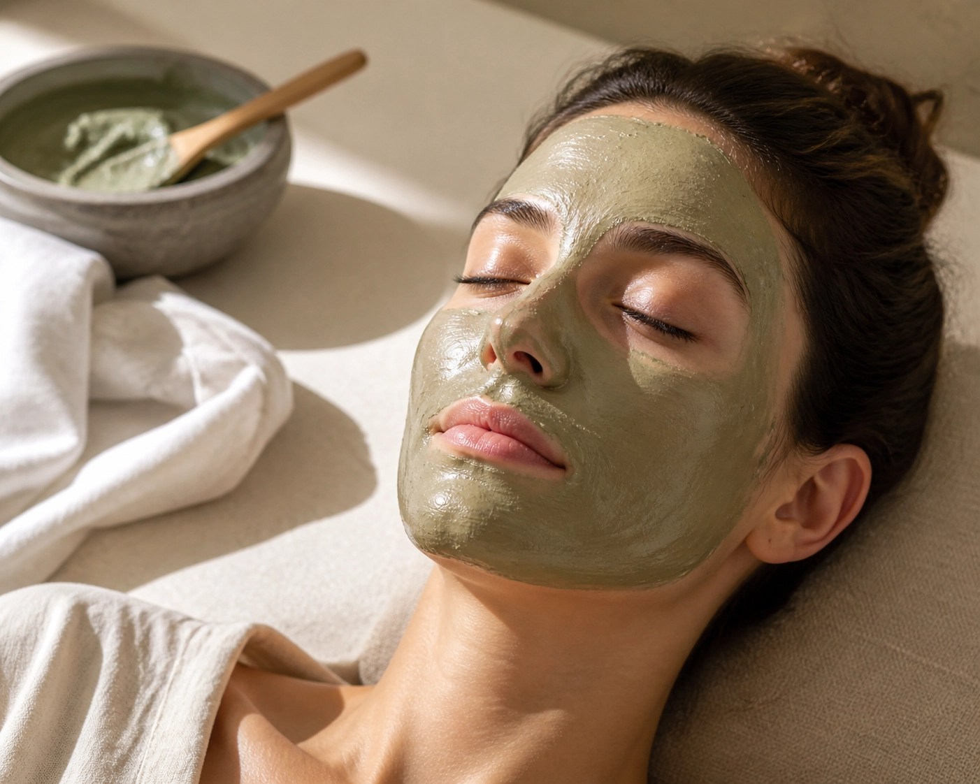A relaxing facial treatment using a natural French green clay mask for deep skin detox.