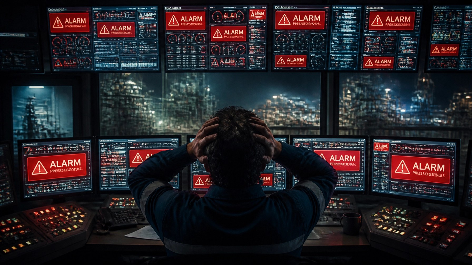 Cinematic futuristic visual of an industrial control room operator overwhelmed by glowing warning alarms flashing on screens, representing alarm desensitization and sensory overload