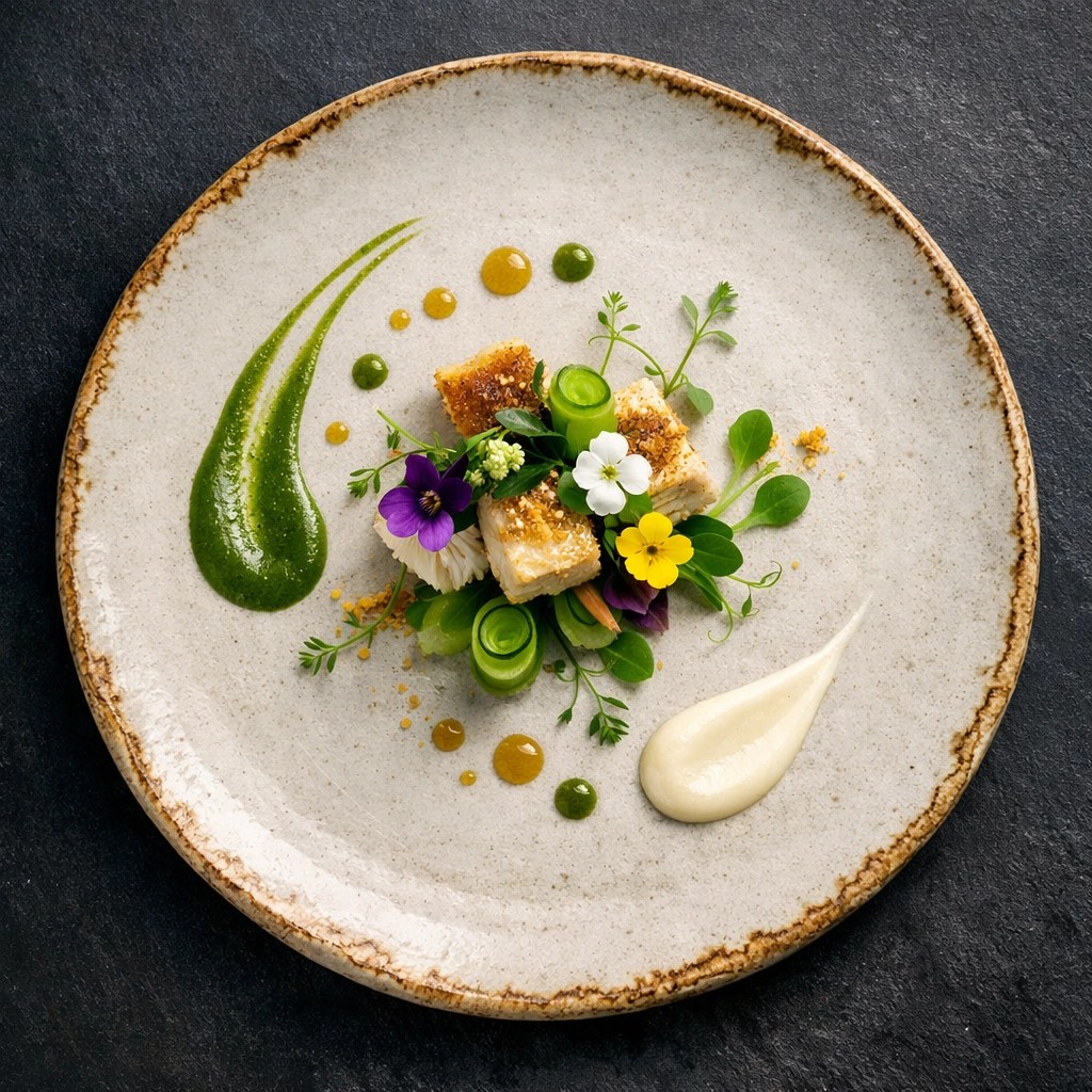 Michelin-starred fine dining dish with artistic plating for luxury culinary expedition travel