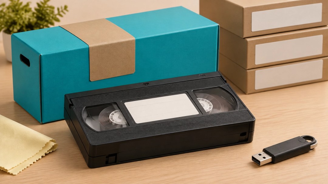 Vintage VHS cassette being prepared for professional digitization beside organized archival cases and a flash drive