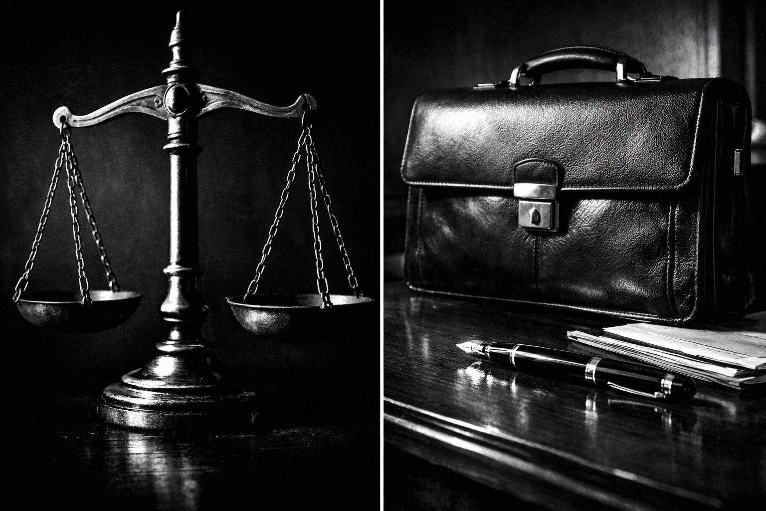 Justice scales and luxury briefcase illustrating wealth disparity in legal accountability