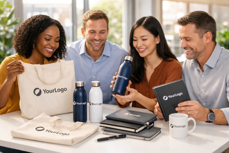 Corporate team reviewing Made in USA branded promotional products in modern office