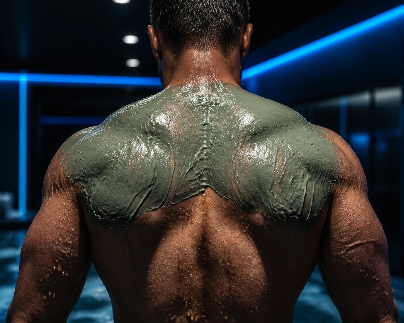 Athlete using green clay paste on shoulders for muscle recovery and natural pain relief.