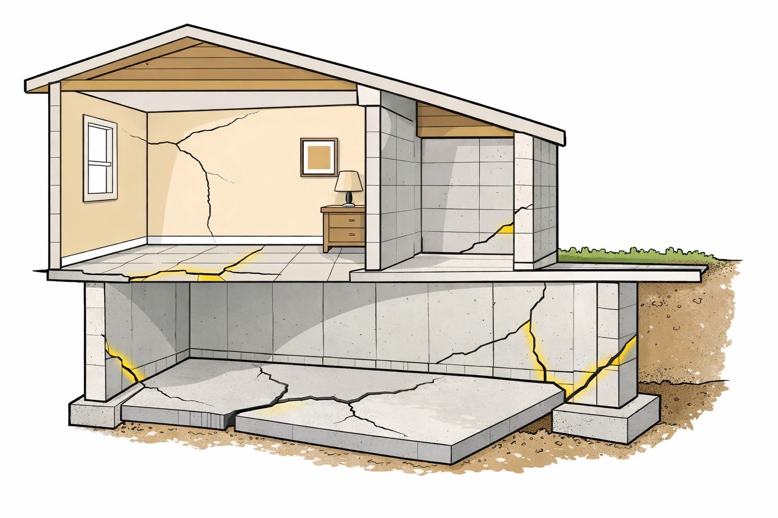 Foundation cracks in walls and floors caused by slab leak damage