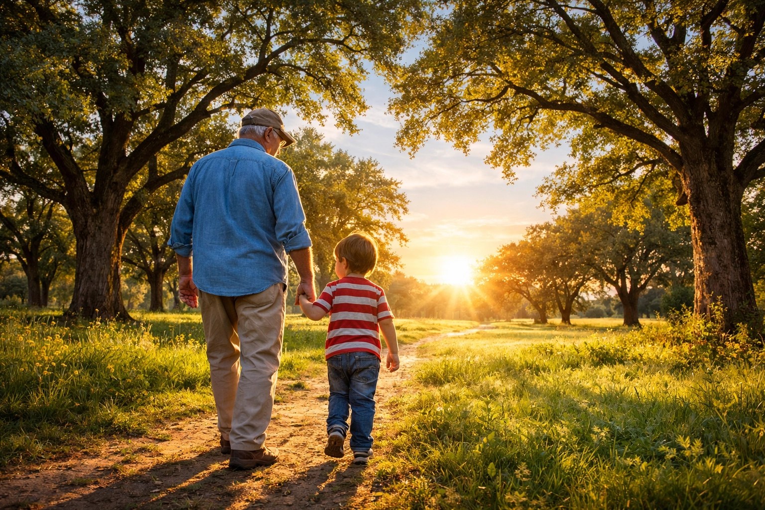 Grandfather and grandchild walking in a park, representing the family legacy protected by burial insurance.