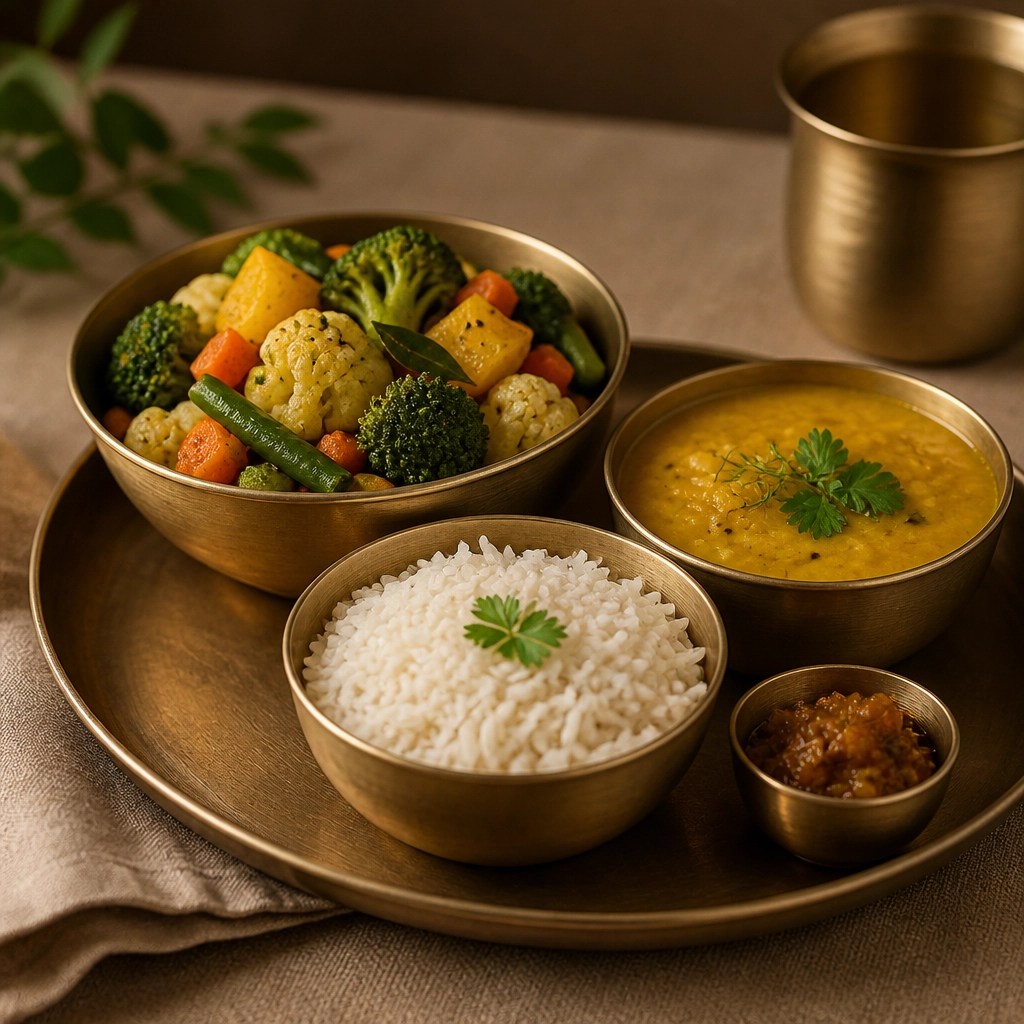 A balanced Ayurvedic meal served in traditional brass bowls