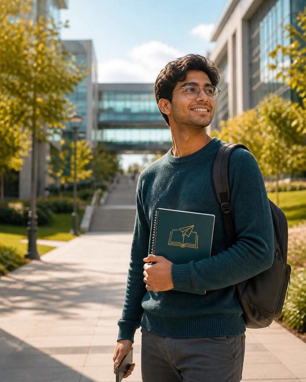 A confident adult student walking along a sunlit campus pathway after a successful recruiter call