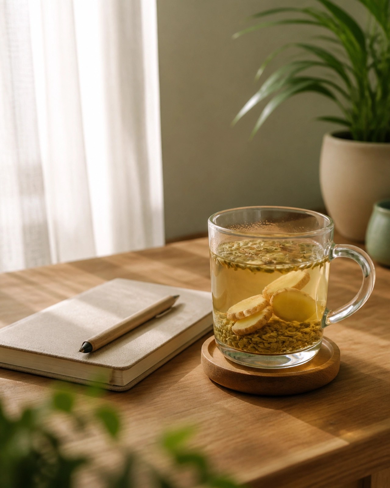 A minimalist midday reset scene with herbal tea, a journal, and a wooden pen on a wooden table