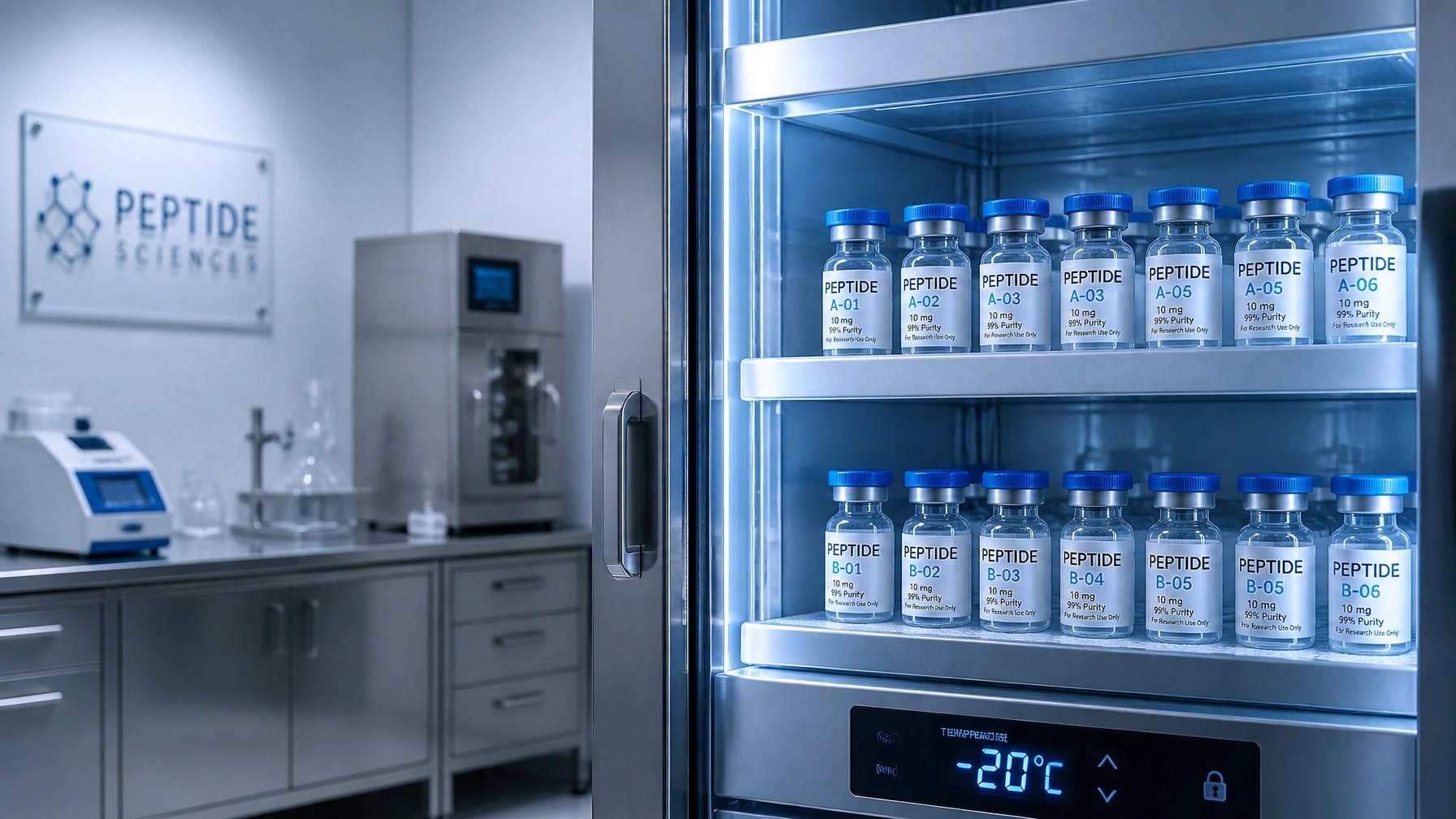 Minimalist laboratory storage unit with high-quality peptide vials