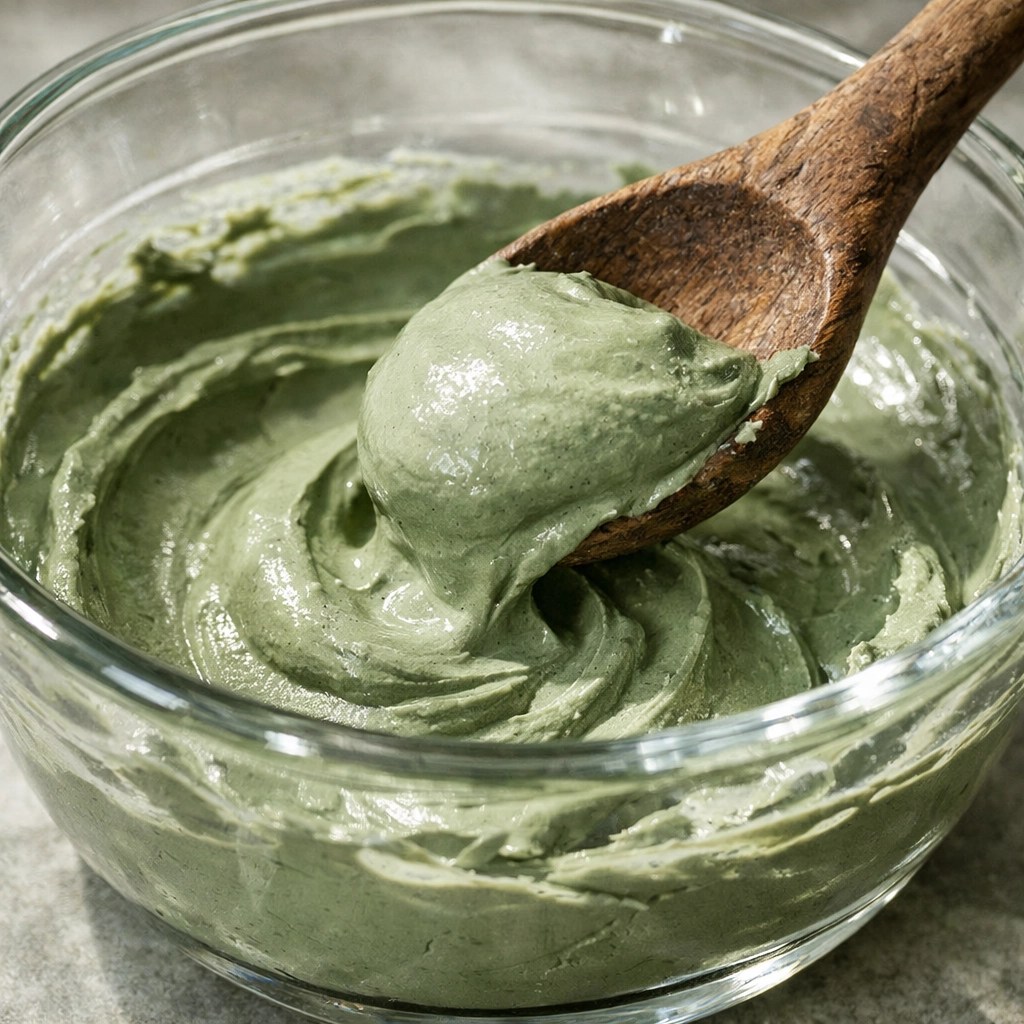 Green food grade clay in a glass bowl with a wooden spoon for safe detox preparation.