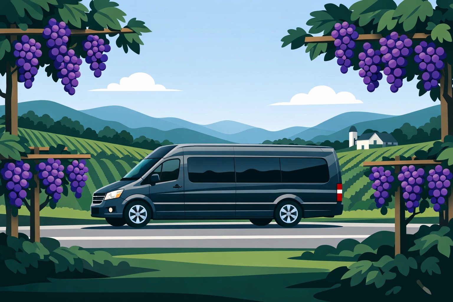 Luxury transport van driving through a scenic Virginia vineyard for a private wine tasting.