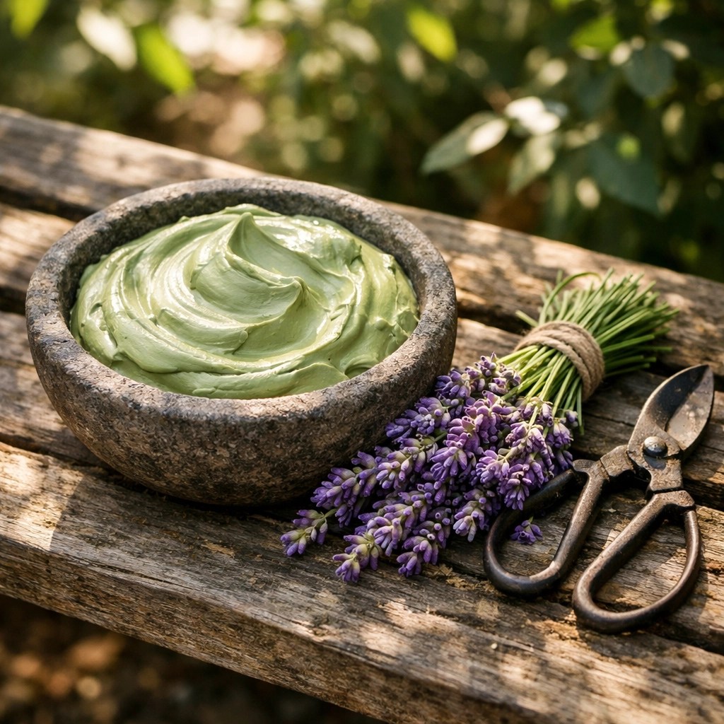 Natural healing green clay paste in a stone bowl on a garden bench for soothing gardening-related joint pain.