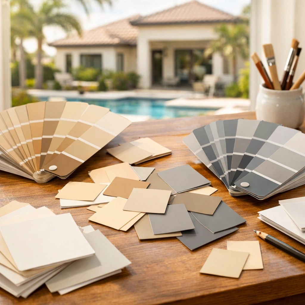 Warm beige and cool gray paint color samples for Florida coastal homes