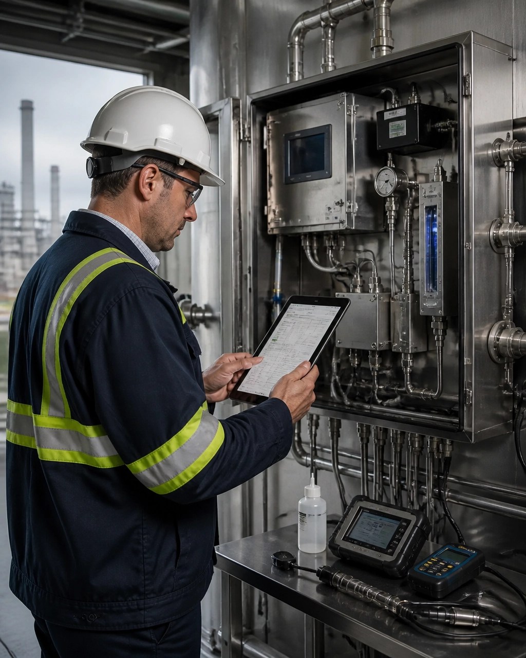 Continuous emissions monitoring equipment and environmental engineer reviewing facility data