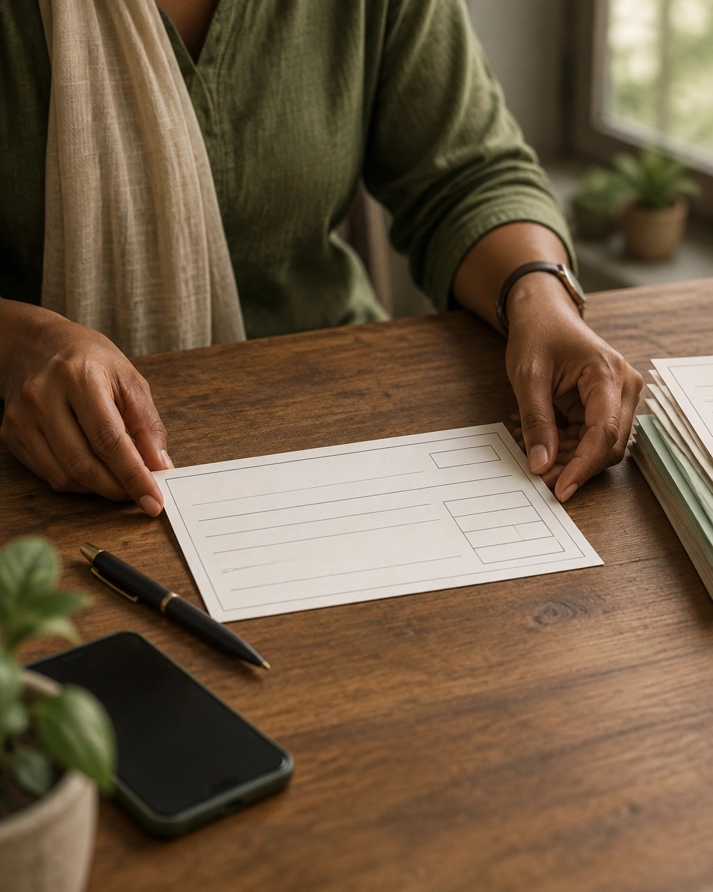 Hands arranging a blank donation receipt, pen and forms on a wooden desk