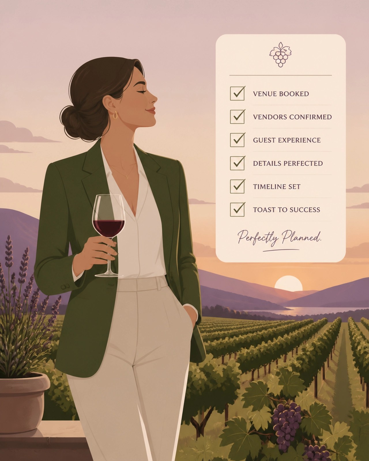 A professional woman relaxing with a glass of wine next to a completed checklist.