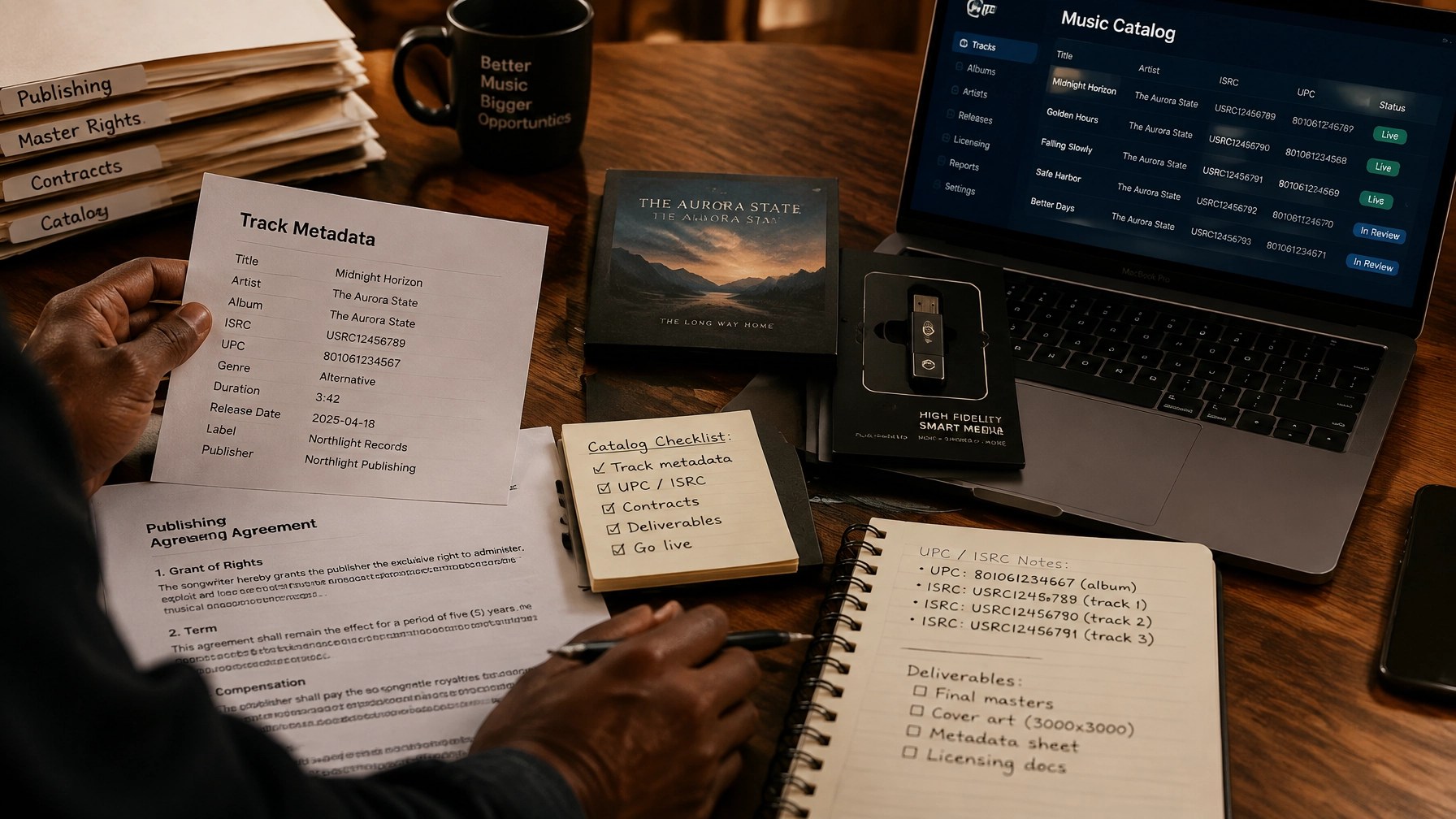 Editorial photograph of a music catalog management session with publishing documents, metadata notes, contract pages, and a physical smart media product beside a laptop