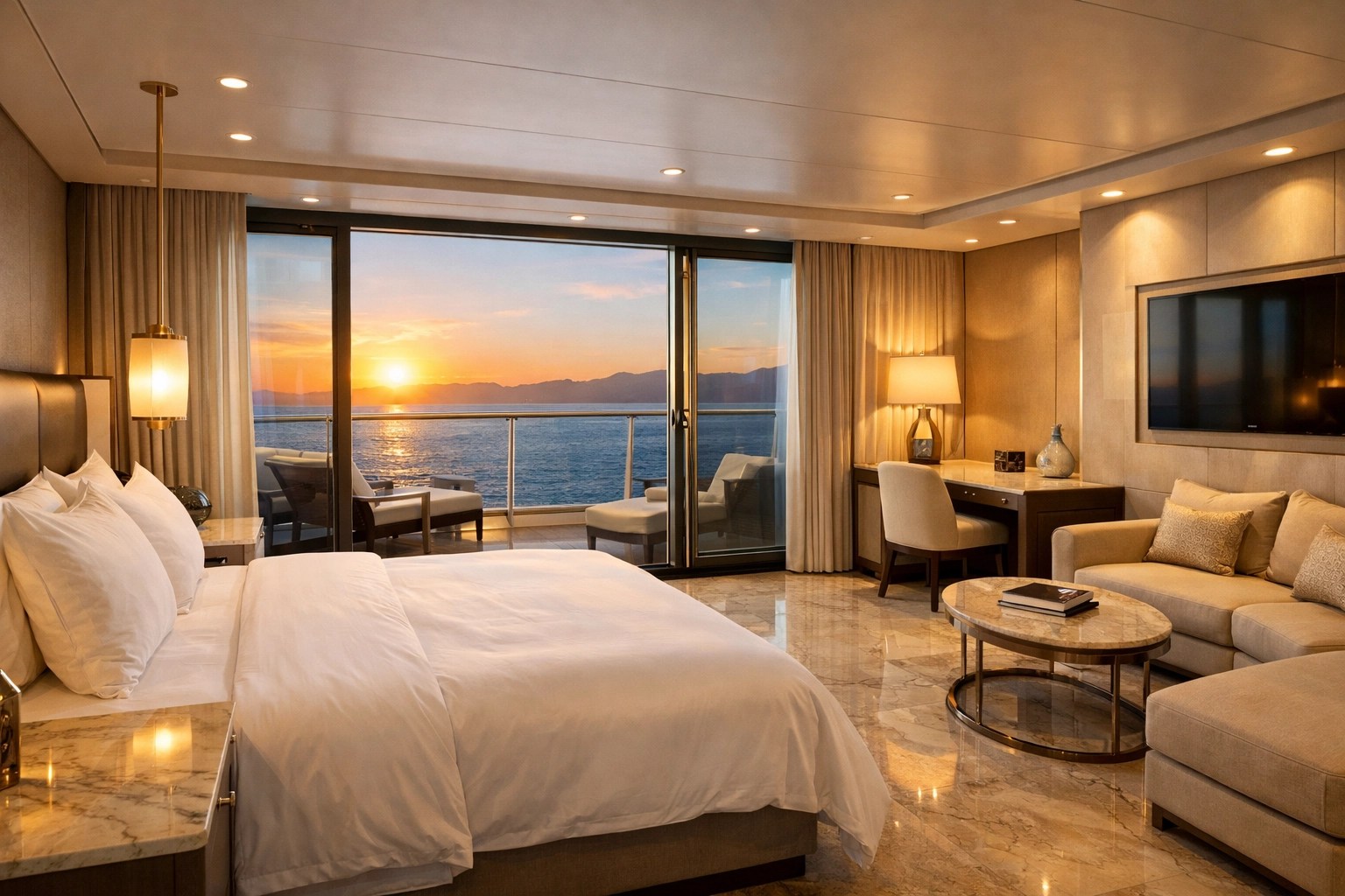 Accessible luxury cruise ship suite with floor-to-ceiling ocean views and modern AHTRAVELSNYC interior design.
